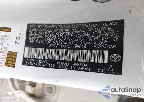 2008 Toyota Prius Standard из США, поврежденный, VIN JTDKB20U787799814